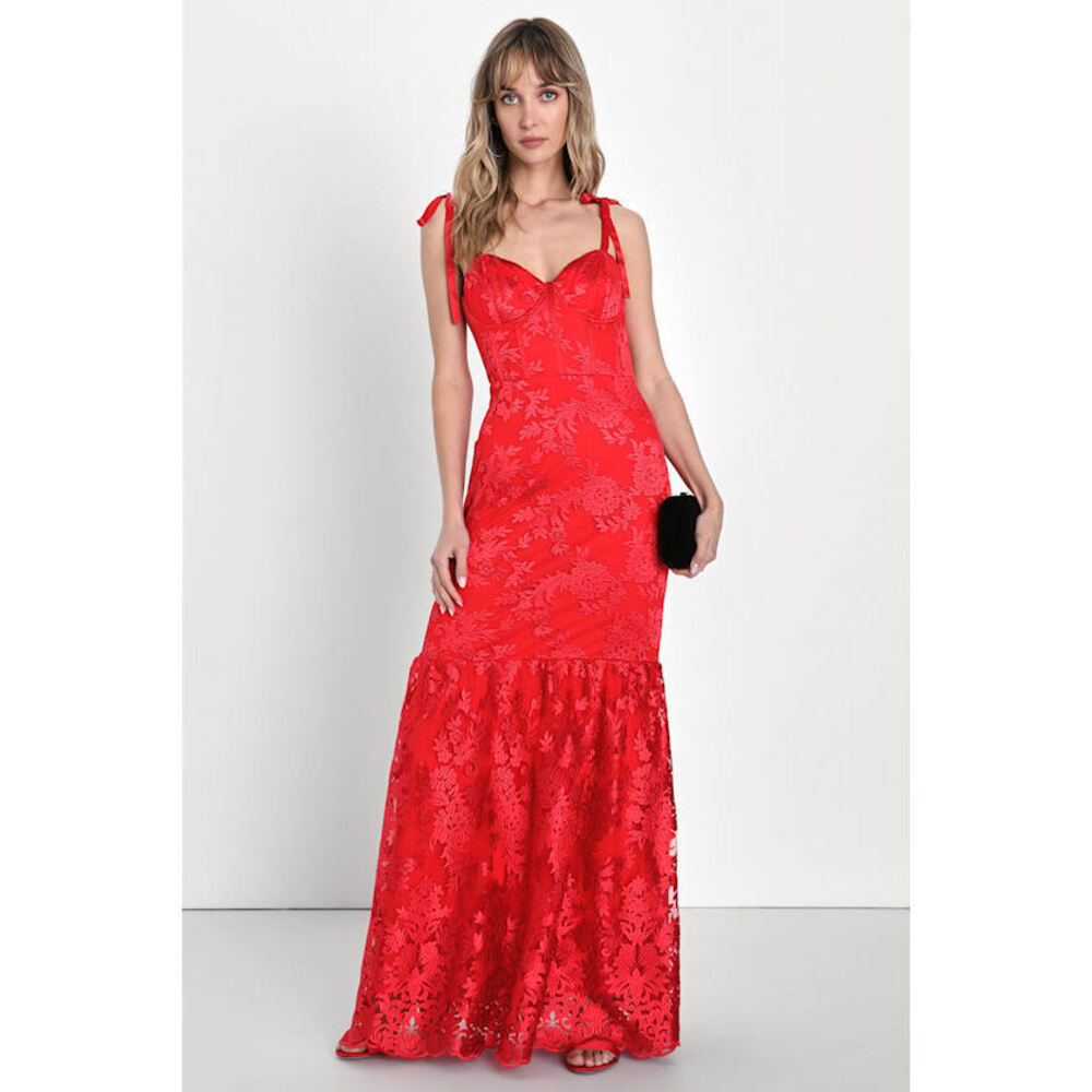 Lulus Dramatic Desires Red Embroidered Bustier Tie-strap Maxi Dress